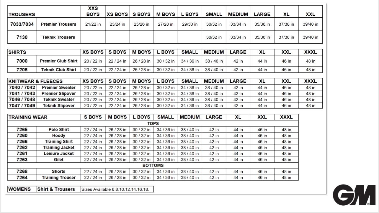 Batting Pads Size Chart